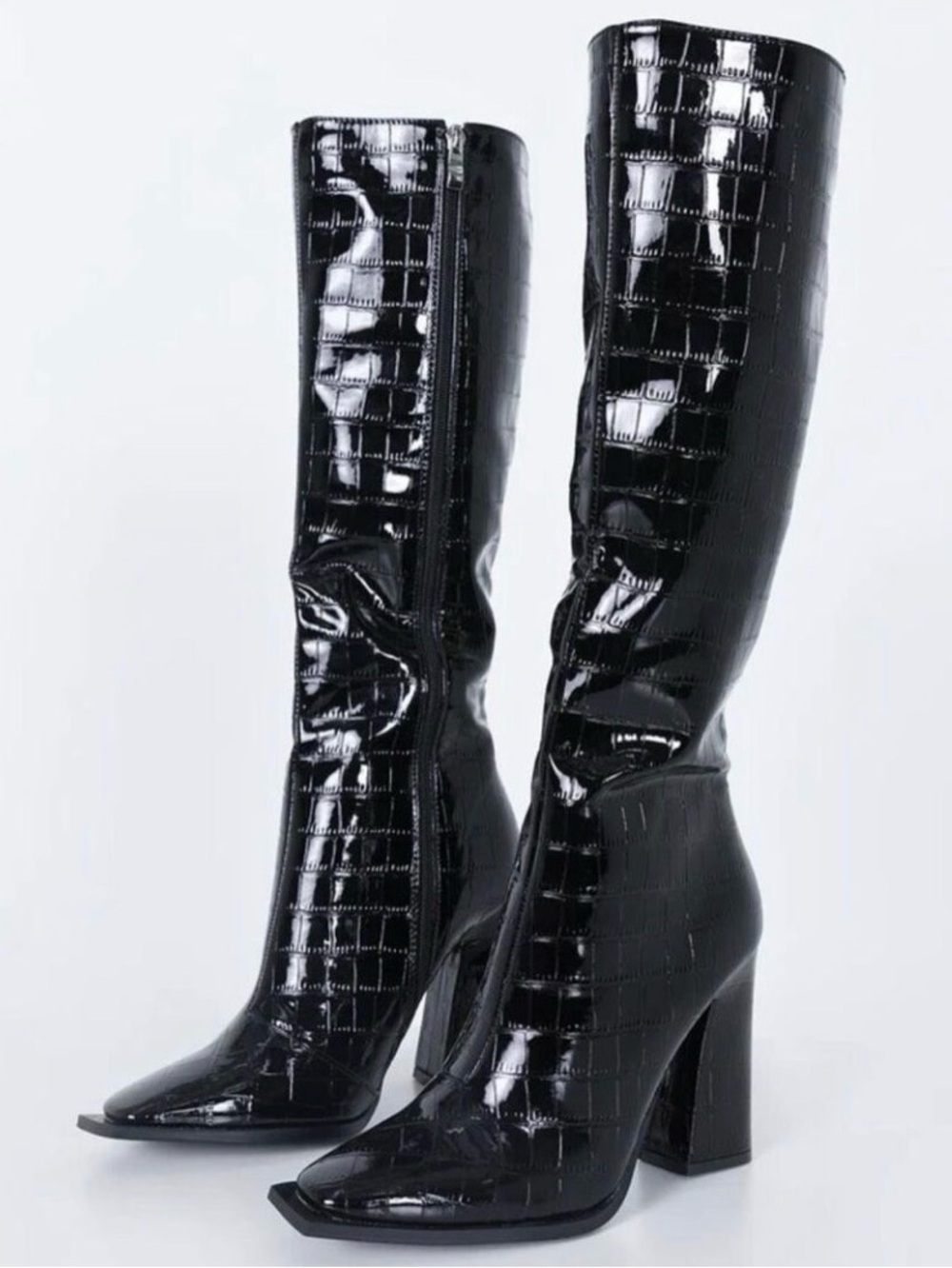 Princess Polly Mercury Black Patent Faux Leather Croc Embossed Boots 7